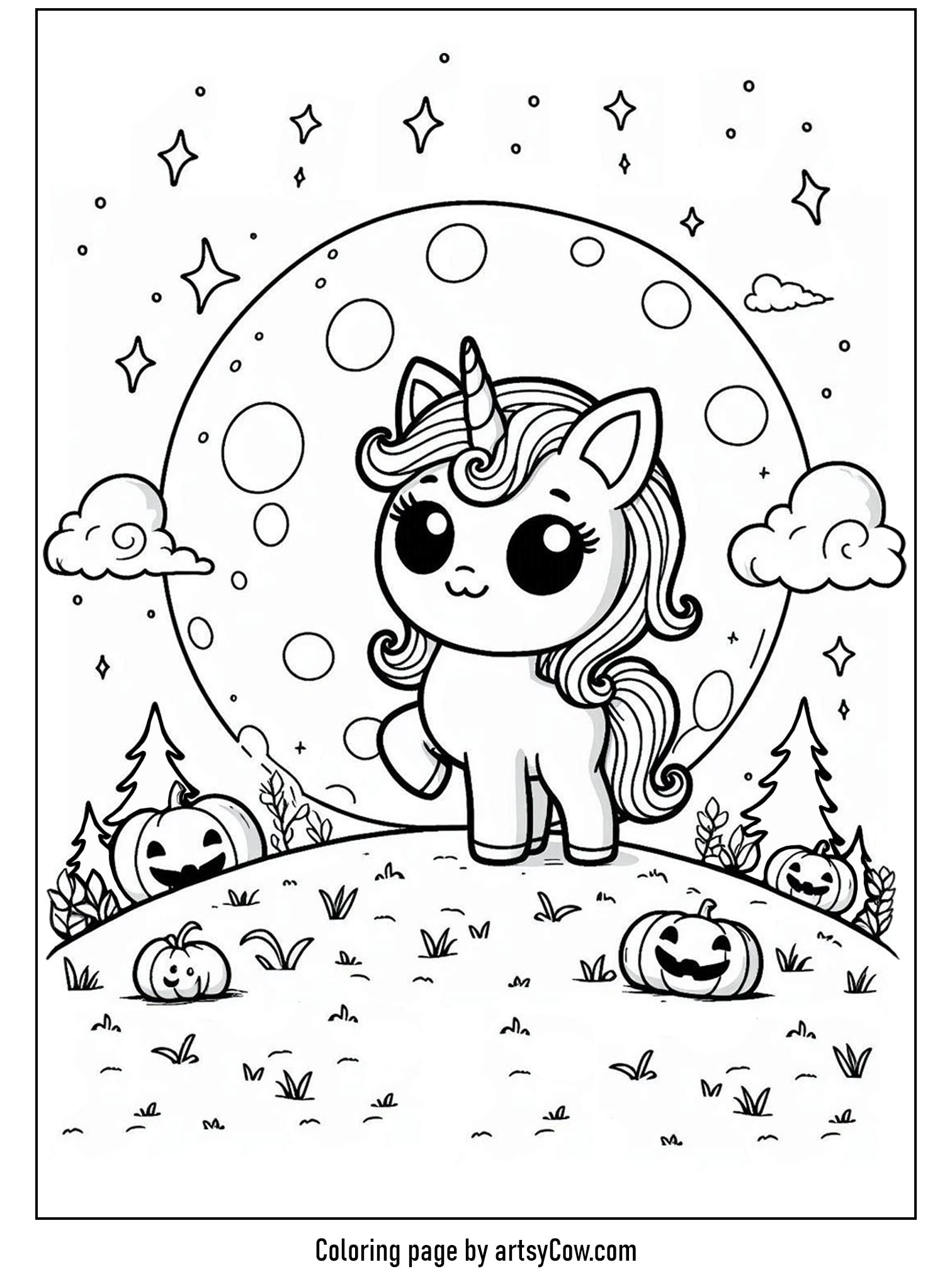 Halloween coloring pages with unicorn 2 featuring a cute unicorn standing on a moonlit hill decorated with pumpkins and stars.